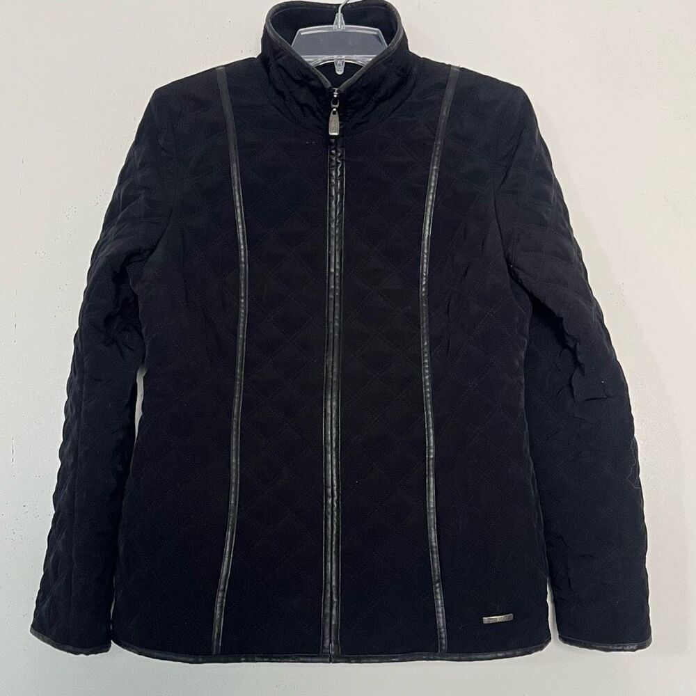 Esprit Outerwear Quilted Jacket Small Black Chore Coat Faux Leather Trim Fleece